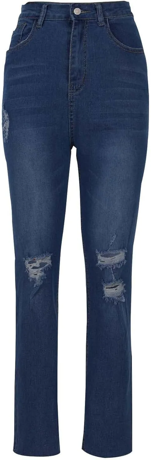 Bidobibo High Waisted Straight Leg Jeans for Women Distressed Skinny Stretchy Ripped Jeans Womens Ripped Jeans Stretchy