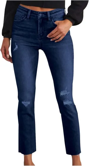 Bidobibo High Waisted Straight Leg Jeans for Women Distressed Skinny Stretchy Ripped Jeans Womens Ripped Jeans Stretchy