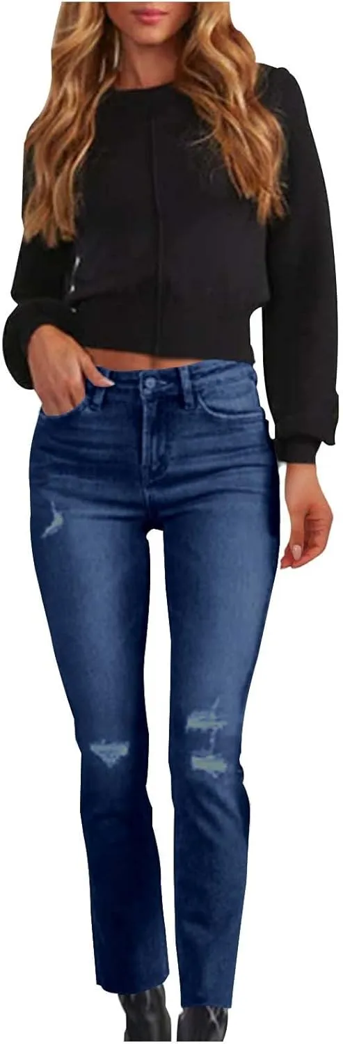 Bidobibo High Waisted Straight Leg Jeans for Women Distressed Skinny Stretchy Ripped Jeans Womens Ripped Jeans Stretchy