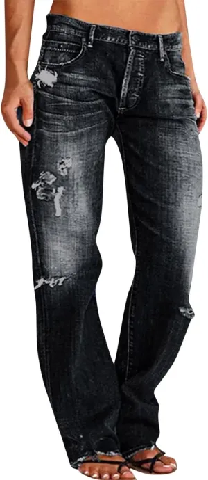 Black Pants for Women Jeans Mid Women’s Poket Lace Denim Casual Women's Jeans Straight Leg Denim Pants Womens High