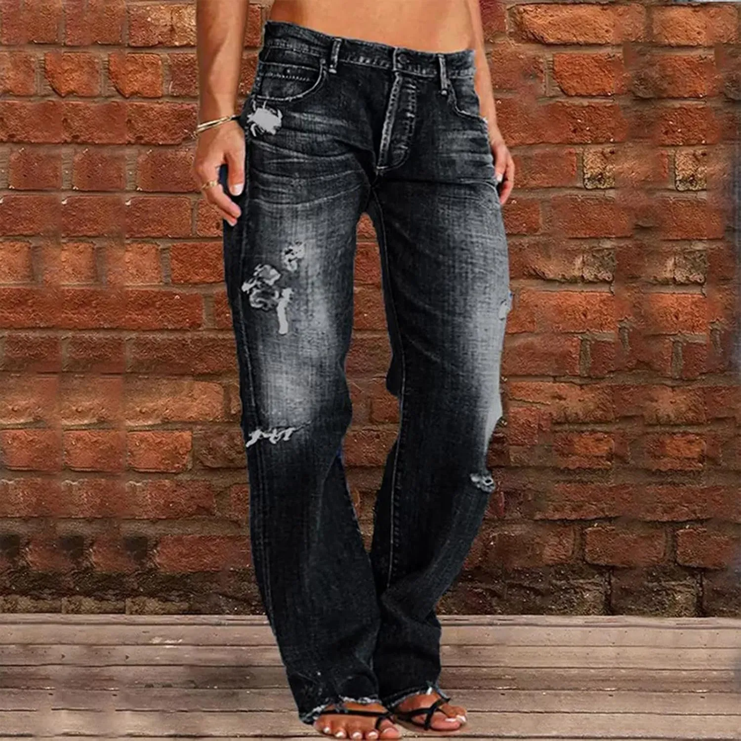 Black Pants for Women Jeans Mid Women’s Poket Lace Denim Casual Women's Jeans Straight Leg Denim Pants Womens High