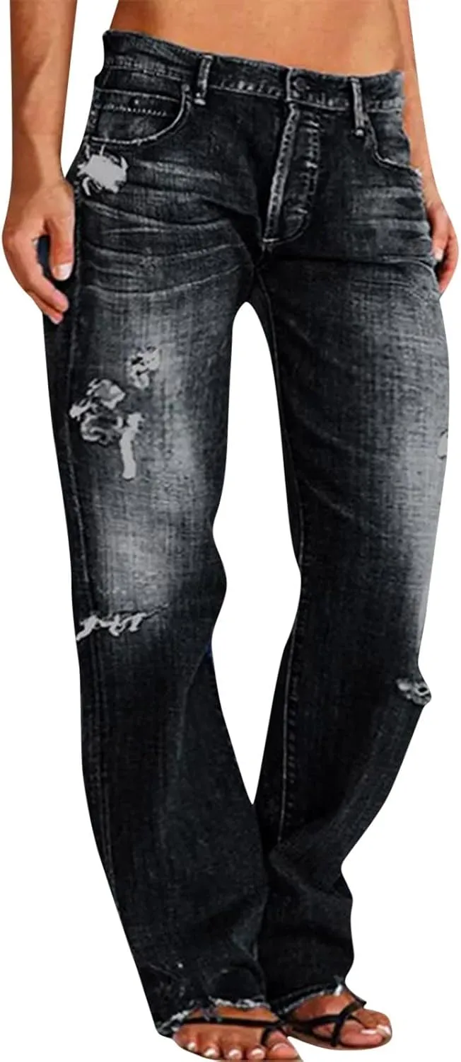 Black Pants for Women Jeans Mid Women’s Poket Lace Denim Casual Women's Jeans Straight Leg Denim Pants Womens High
