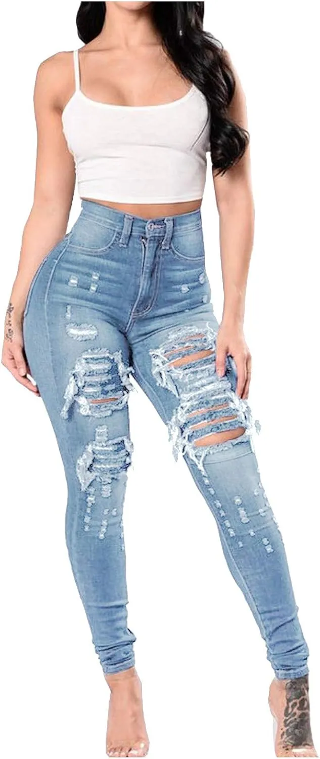 Borniu Plus Size Jeans for Women Stretch Denim Legging High Waisted Ripped Skinny Jeans Distressed Denim Pants