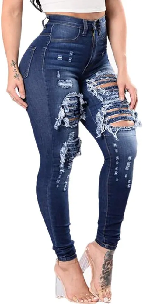 Borniu Plus Size Jeans for Women Stretch Denim Legging High Waisted Ripped Skinny Jeans Distressed Denim Pants