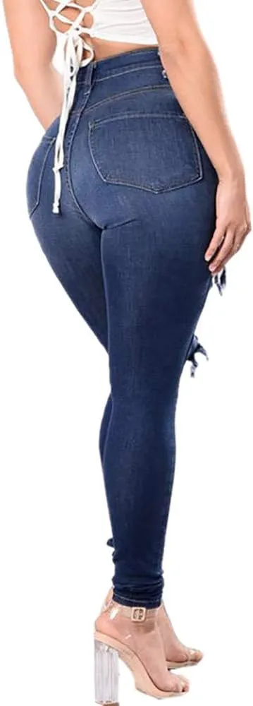 Borniu Plus Size Jeans for Women Stretch Denim Legging High Waisted Ripped Skinny Jeans Distressed Denim Pants