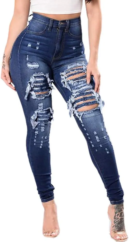Borniu Plus Size Jeans for Women Stretch Denim Legging High Waisted Ripped Skinny Jeans Distressed Denim Pants