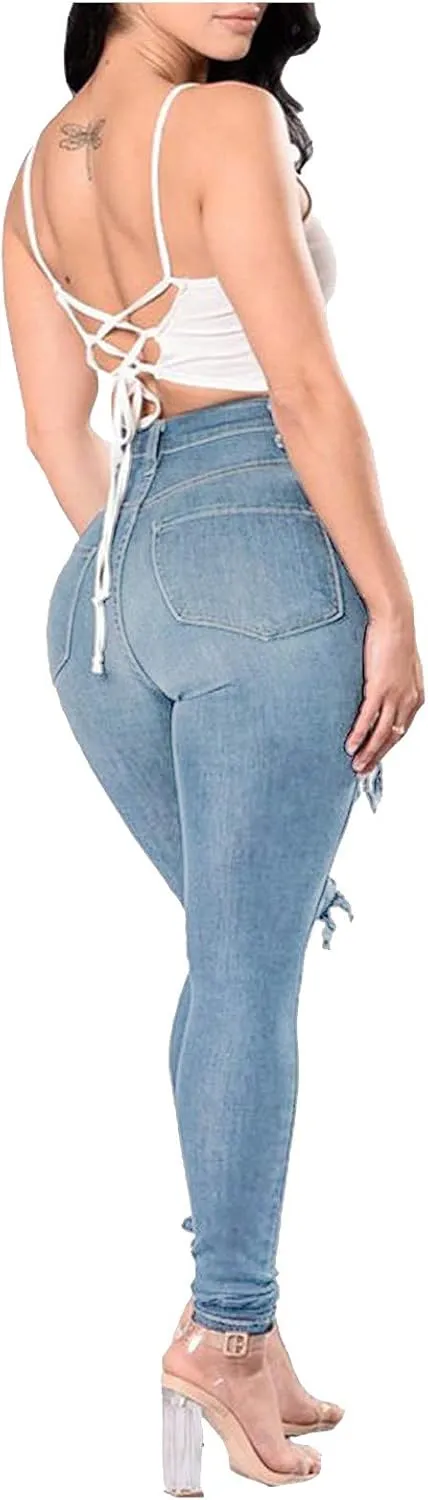 Borniu Plus Size Jeans for Women Stretch Denim Legging High Waisted Ripped Skinny Jeans Distressed Denim Pants