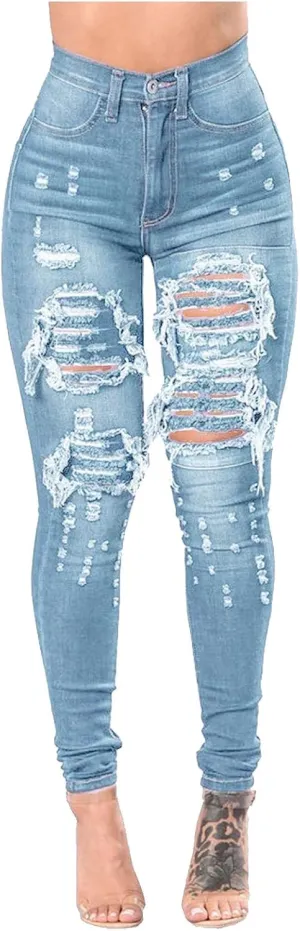 Borniu Plus Size Jeans for Women Stretch Denim Legging High Waisted Ripped Skinny Jeans Distressed Denim Pants