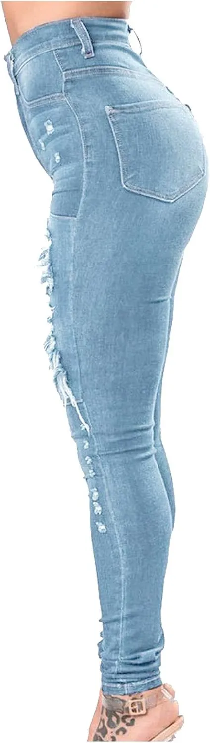 Borniu Plus Size Jeans for Women Stretch Denim Legging High Waisted Ripped Skinny Jeans Distressed Denim Pants