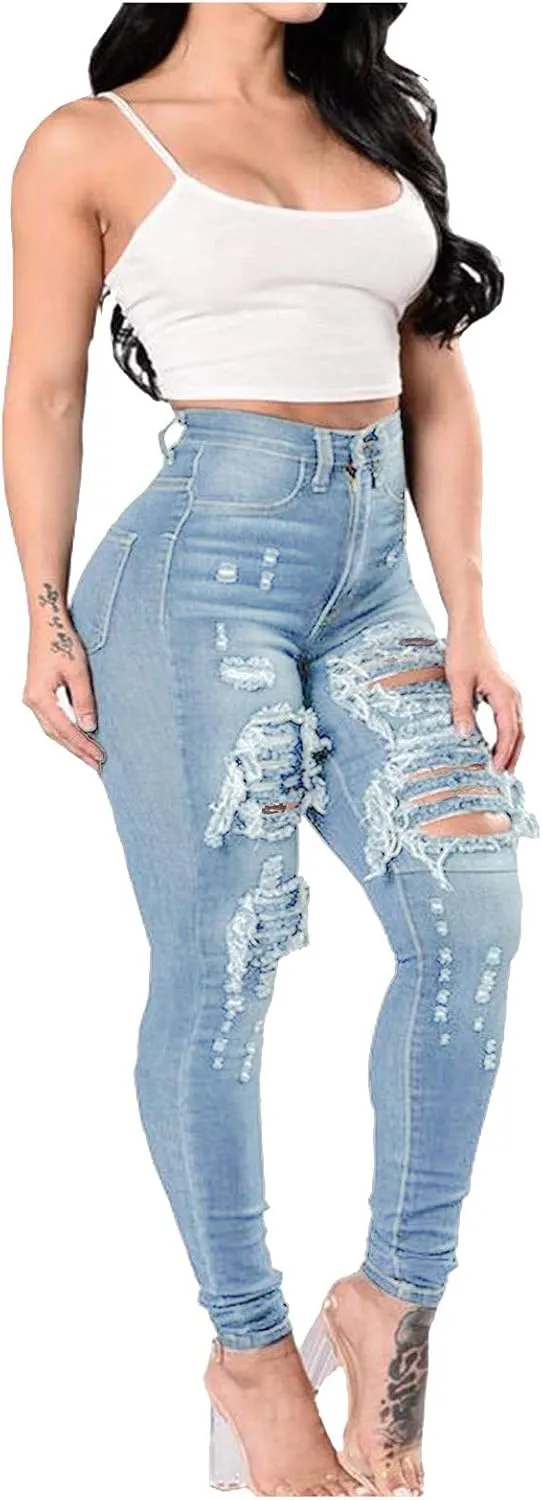 Borniu Plus Size Jeans for Women Stretch Denim Legging High Waisted Ripped Skinny Jeans Distressed Denim Pants