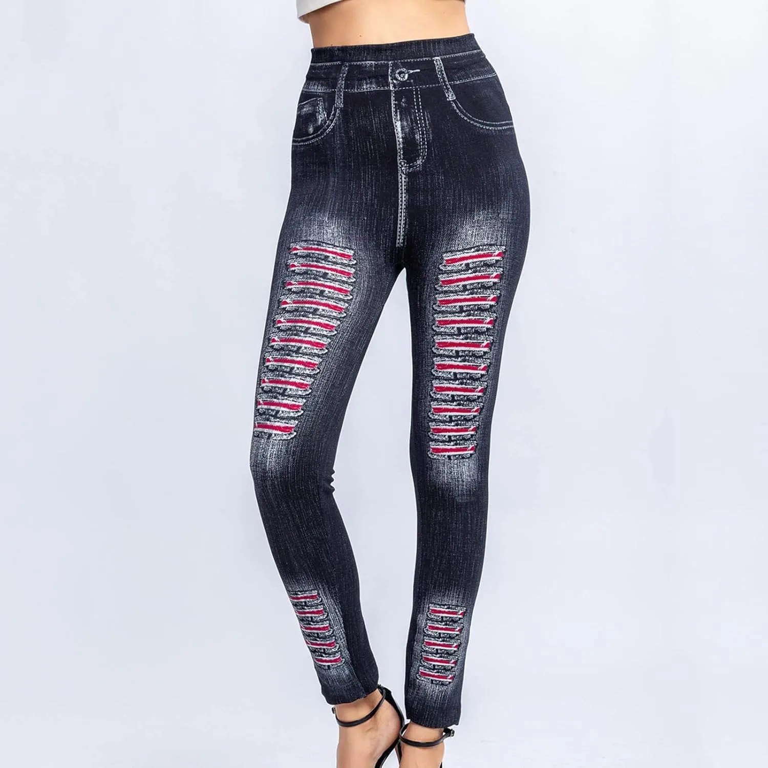 Borniu Women's Denim Legging Hight Waisted Stretch Ripped Skinny Jeans Slim Fit Pencil Pants Distressed Denim Pants