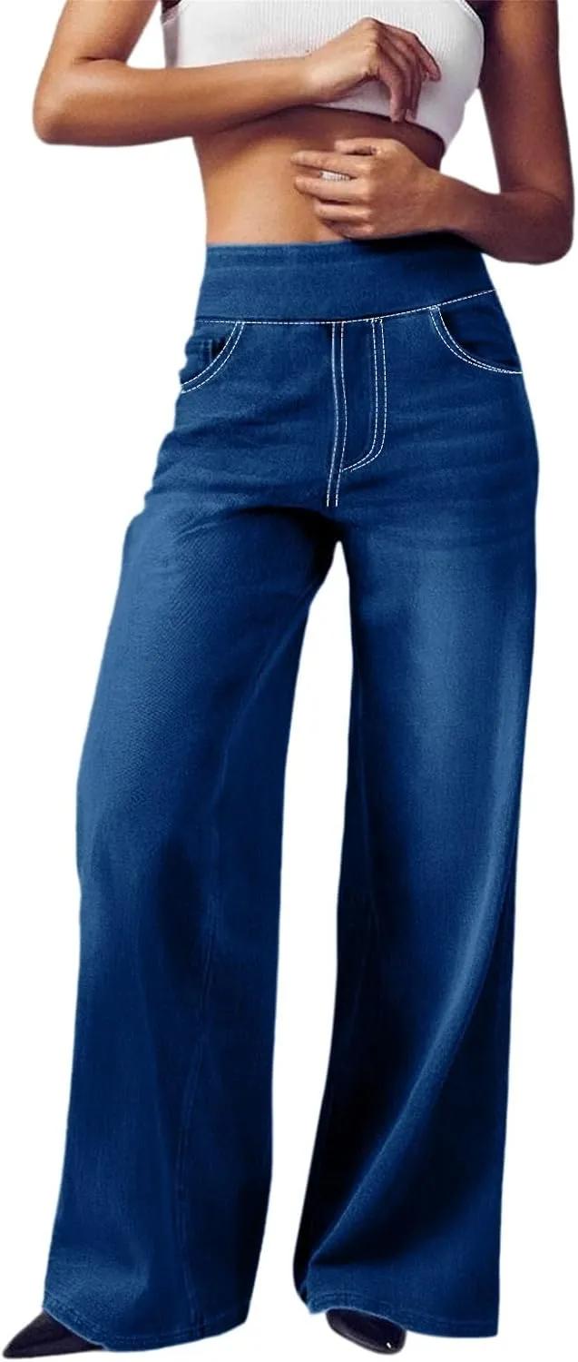 Boyfriend Sweatpants Jeans for Women High Waisted Denim Pants Stretchy Pull On Wide Leg Casual Pant with Pockets