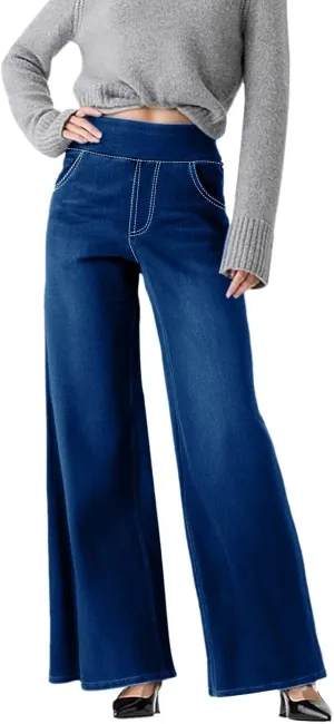 Boyfriend Sweatpants Jeans for Women High Waisted Denim Pants Stretchy Pull On Wide Leg Casual Pant with Pockets
