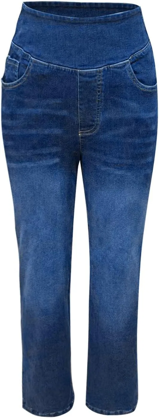 Boyfriend Sweatpants Jeans for Women High Waisted Denim Pants Stretchy Pull On Wide Leg Casual Pant with Pockets
