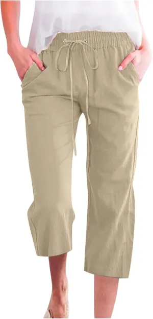 BTDECLAR Capris Pants for Women 2024 Summer Stretch Cotton Linen Capri Pant Casual Drawstring Cropped High Waisted Trousers