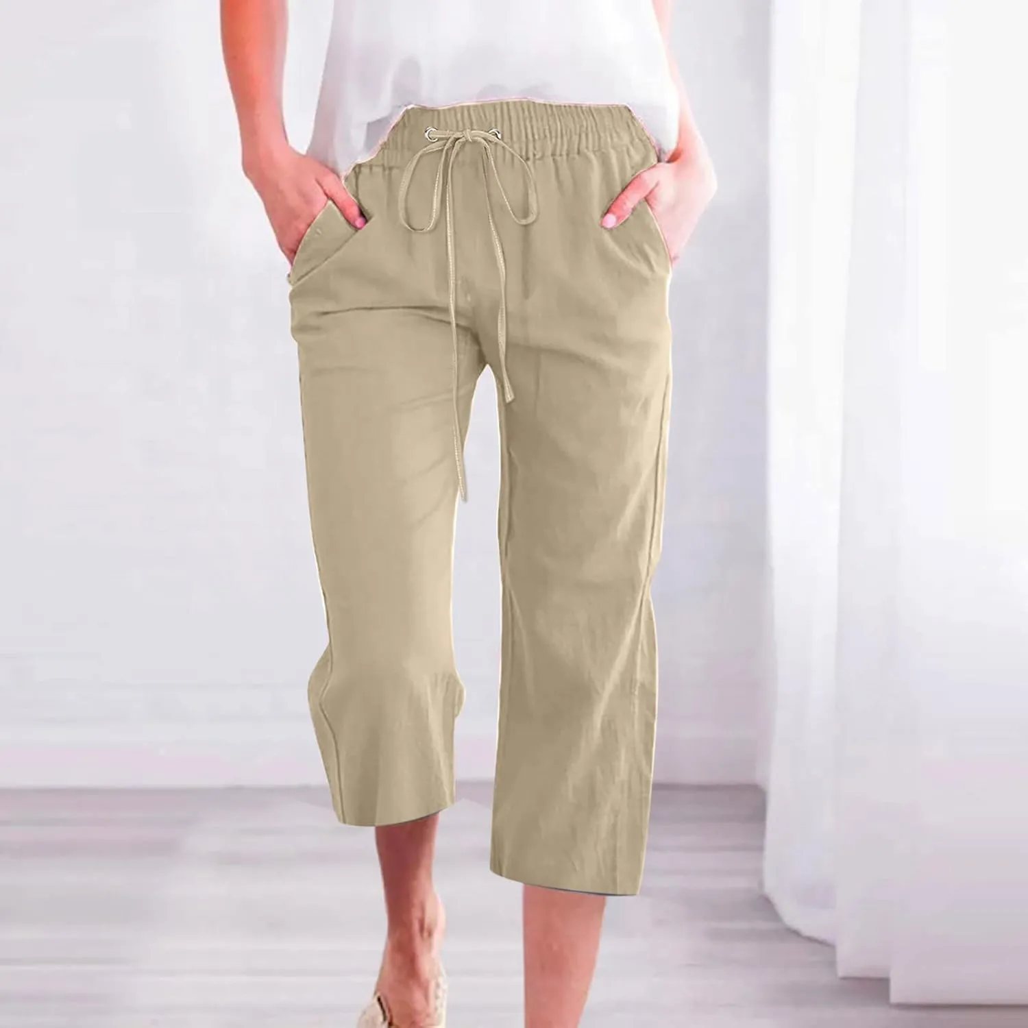 BTDECLAR Capris Pants for Women 2024 Summer Stretch Cotton Linen Capri Pant Casual Drawstring Cropped High Waisted Trousers