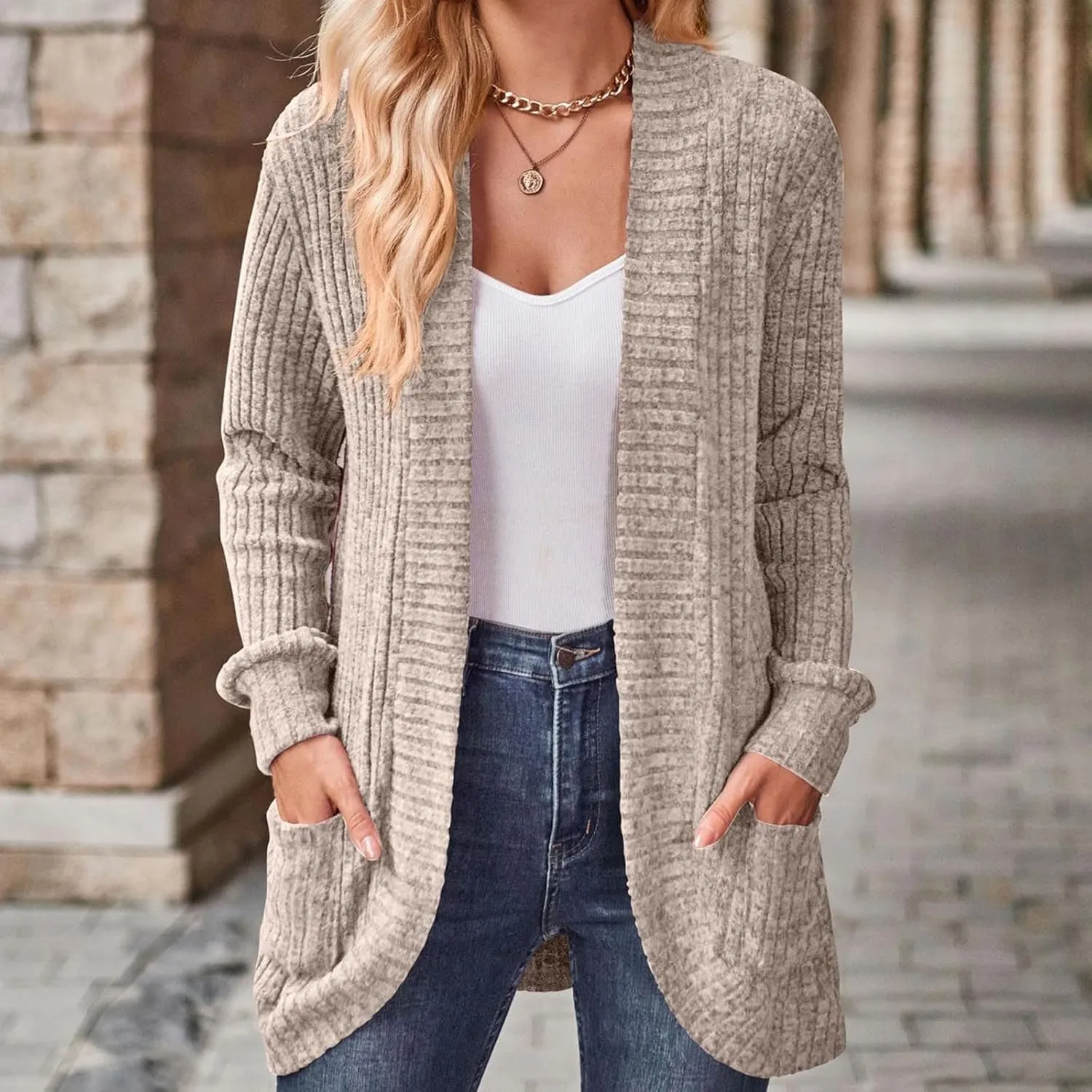 Cardigan Sweaters for Women Casual Long Sleeve Open Front Cardigans 2024 Fall Cable Knit Outwear Coats with Pockets