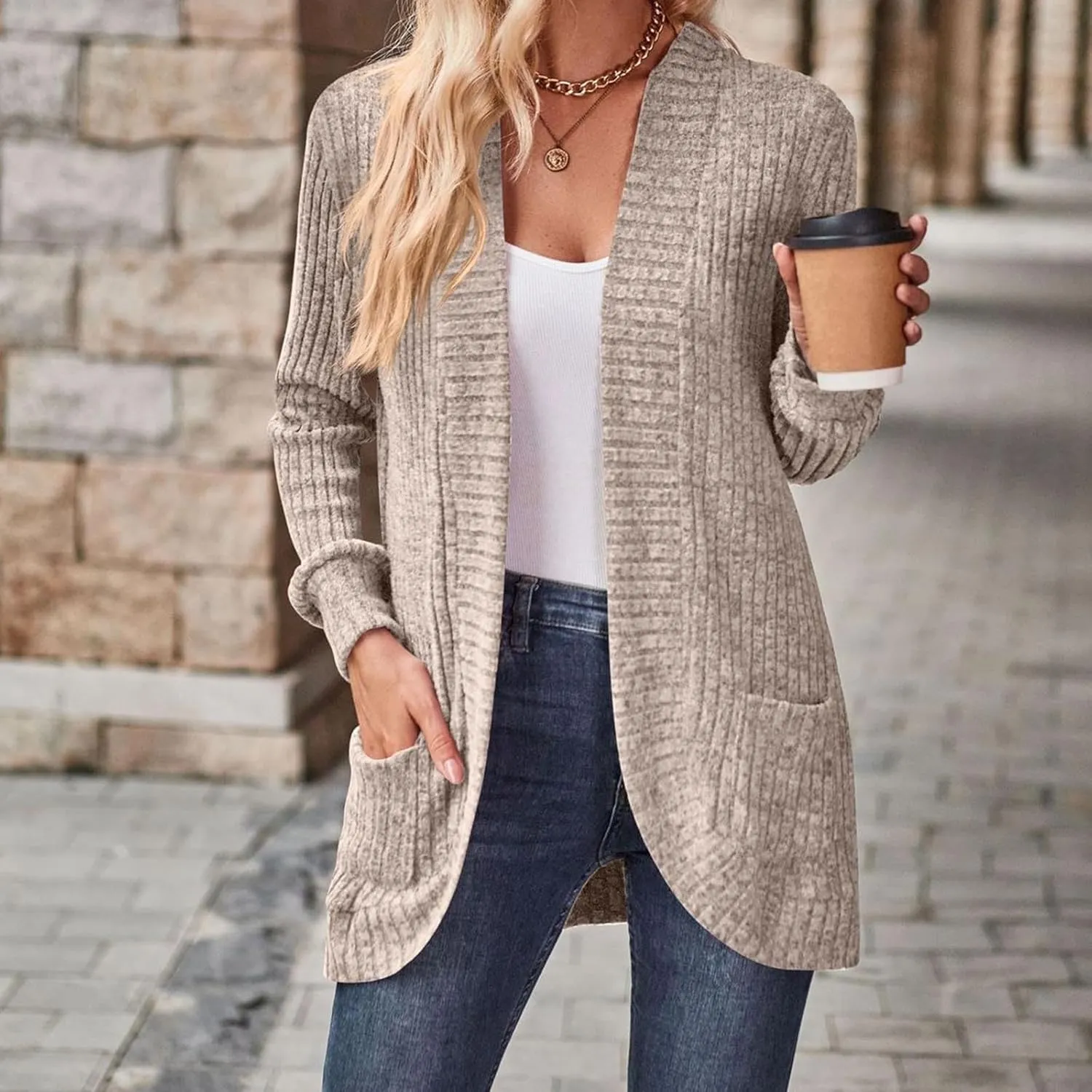 Cardigan Sweaters for Women Casual Long Sleeve Open Front Cardigans 2024 Fall Cable Knit Outwear Coats with Pockets
