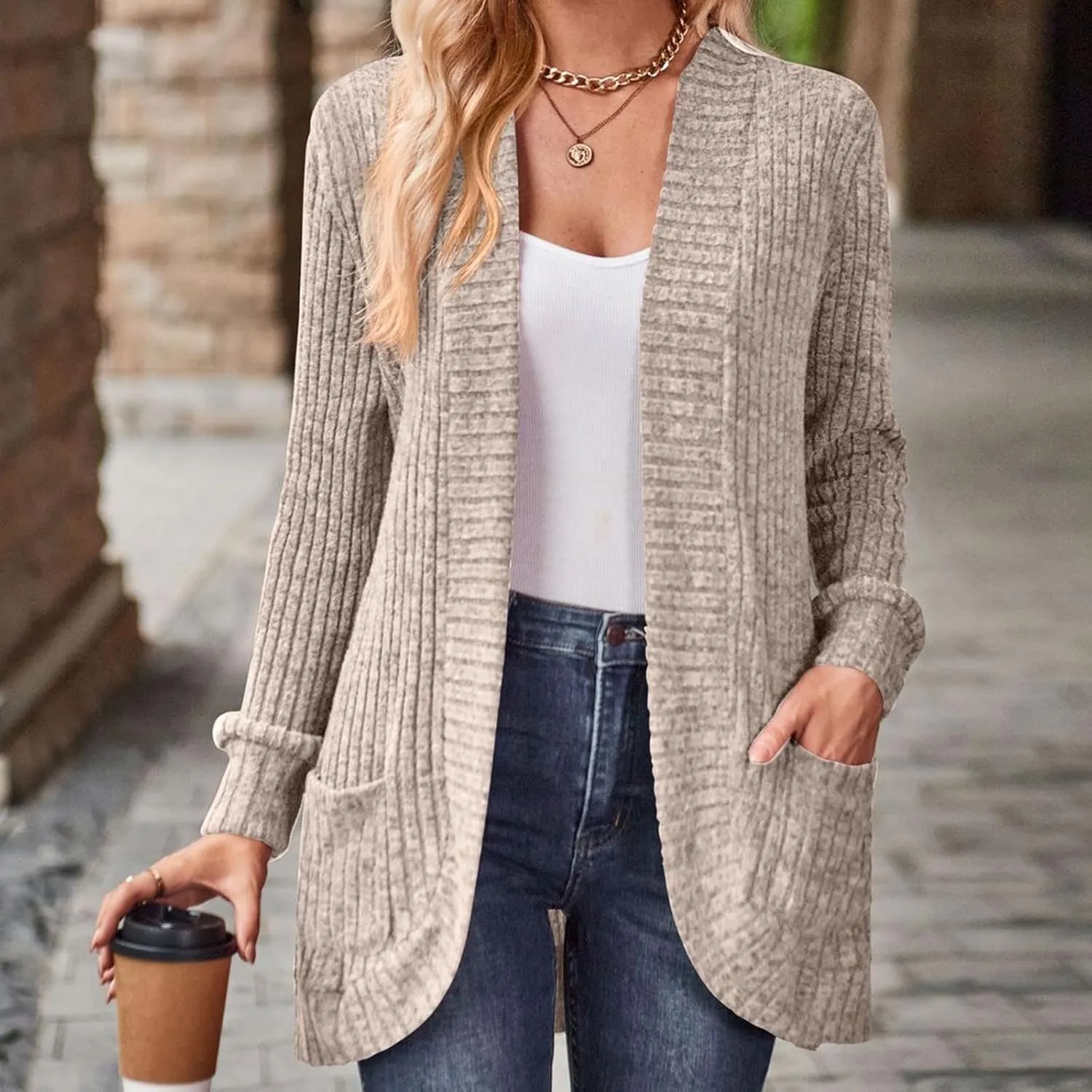 Cardigan Sweaters for Women Casual Long Sleeve Open Front Cardigans 2024 Fall Cable Knit Outwear Coats with Pockets