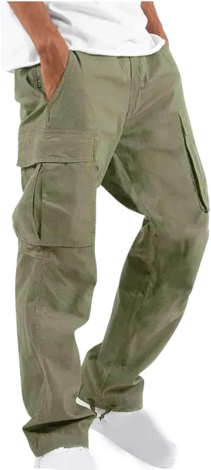 Cargo Pants for Men Baggy Straight Leg Casual Drawstring Cotton Elastic Waist Outdoor Cargo Pants Sweatpants Joggers