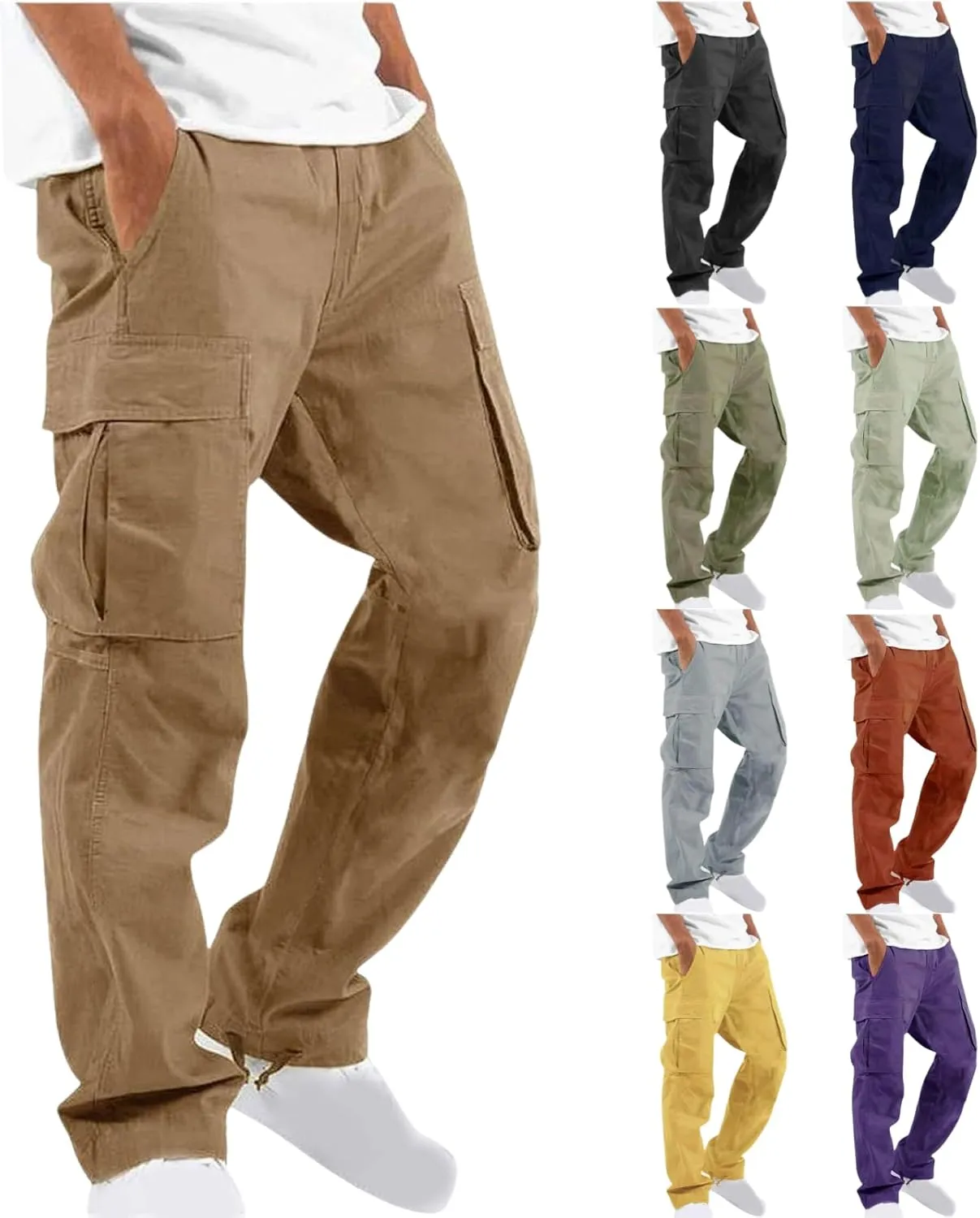 Cargo Pants for Men Baggy Straight Leg Casual Drawstring Cotton Elastic Waist Outdoor Cargo Pants Sweatpants Joggers