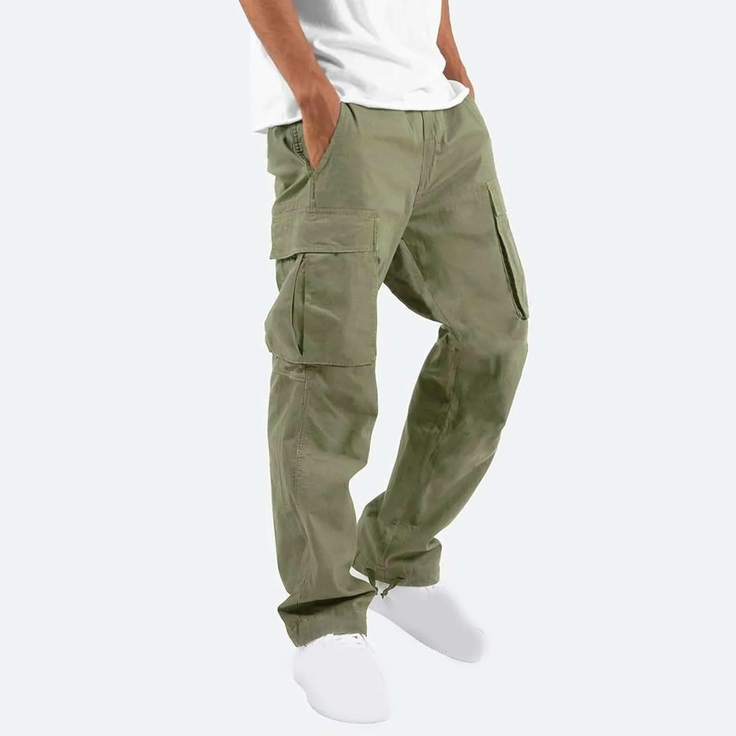 Cargo Pants for Men Baggy Straight Leg Casual Drawstring Cotton Elastic Waist Outdoor Cargo Pants Sweatpants Joggers