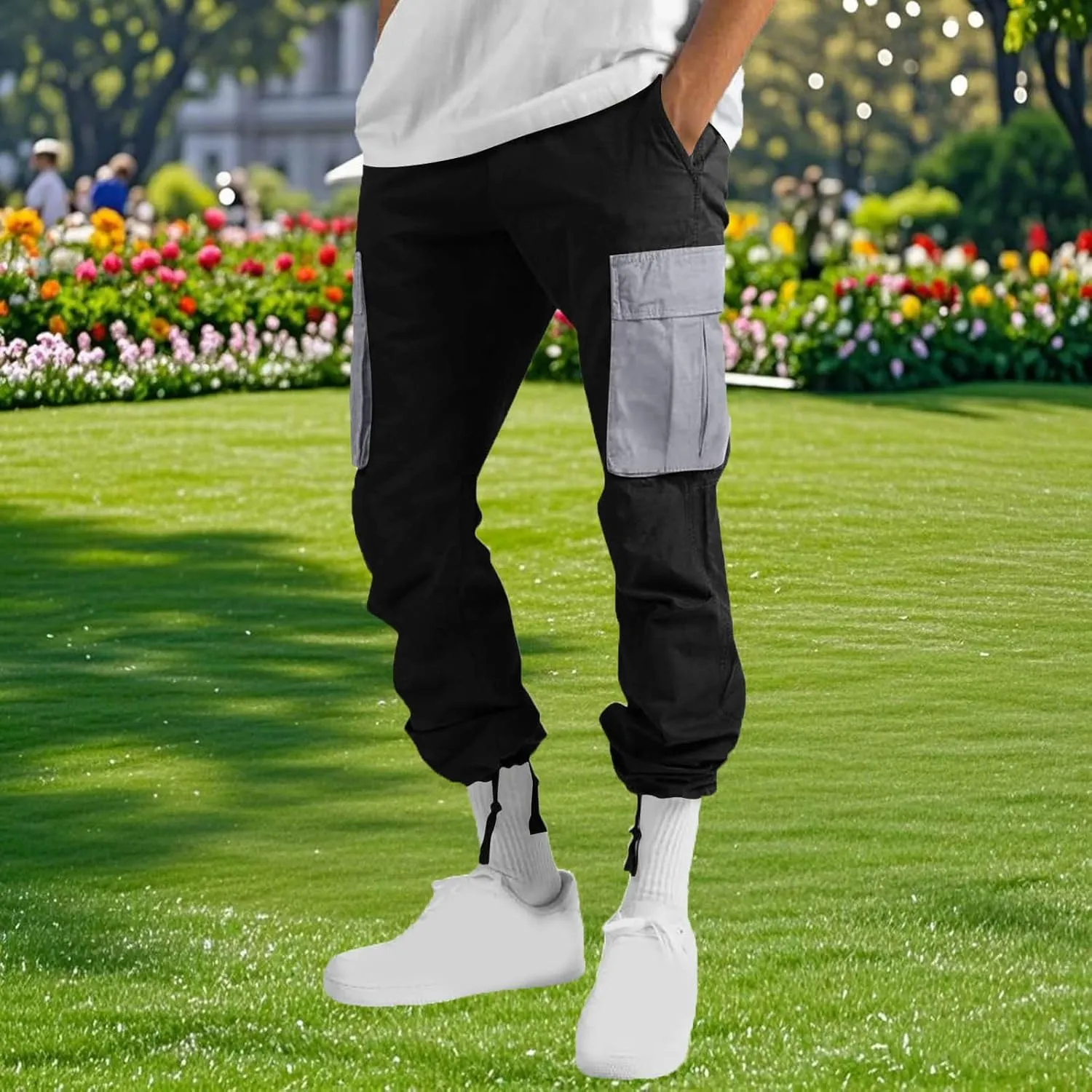 Cargo Pants for Men Fashion Color Block Hiking Straight Leg Sweatpants Athletic Cotton Twill Trousers with Pockets