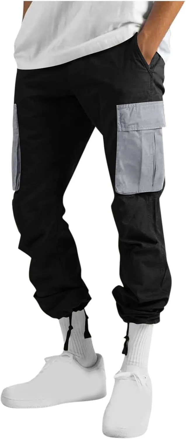 Cargo Pants for Men Fashion Color Block Hiking Straight Leg Sweatpants Athletic Cotton Twill Trousers with Pockets