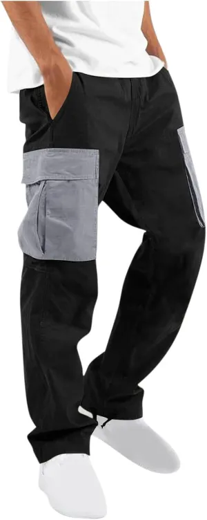 Cargo Pants for Men Fashion Color Block Hiking Straight Leg Sweatpants Athletic Cotton Twill Trousers with Pockets
