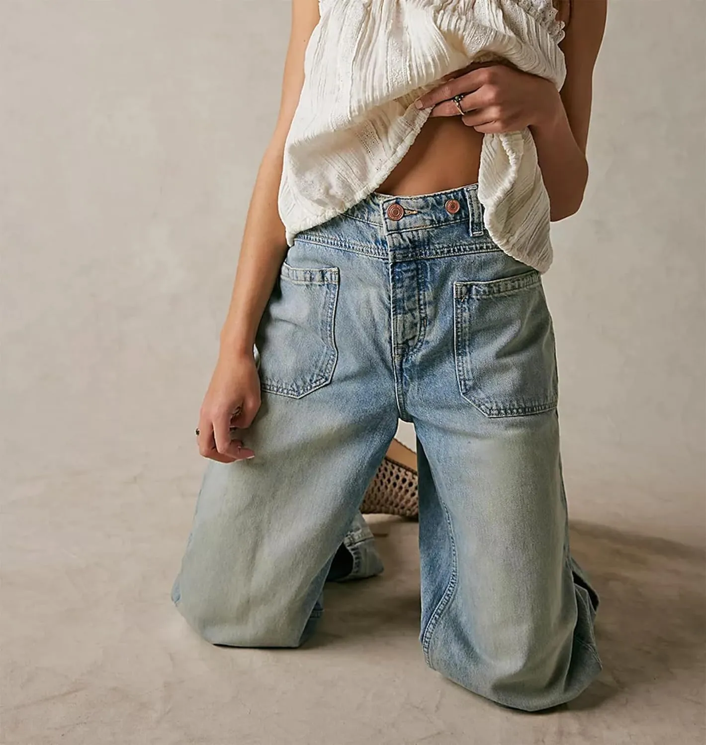 cffvdiz Wide Leg Jeans for Women Vintage Baggy Low Waist Straight Leg Denim Pants Trouser Jeans