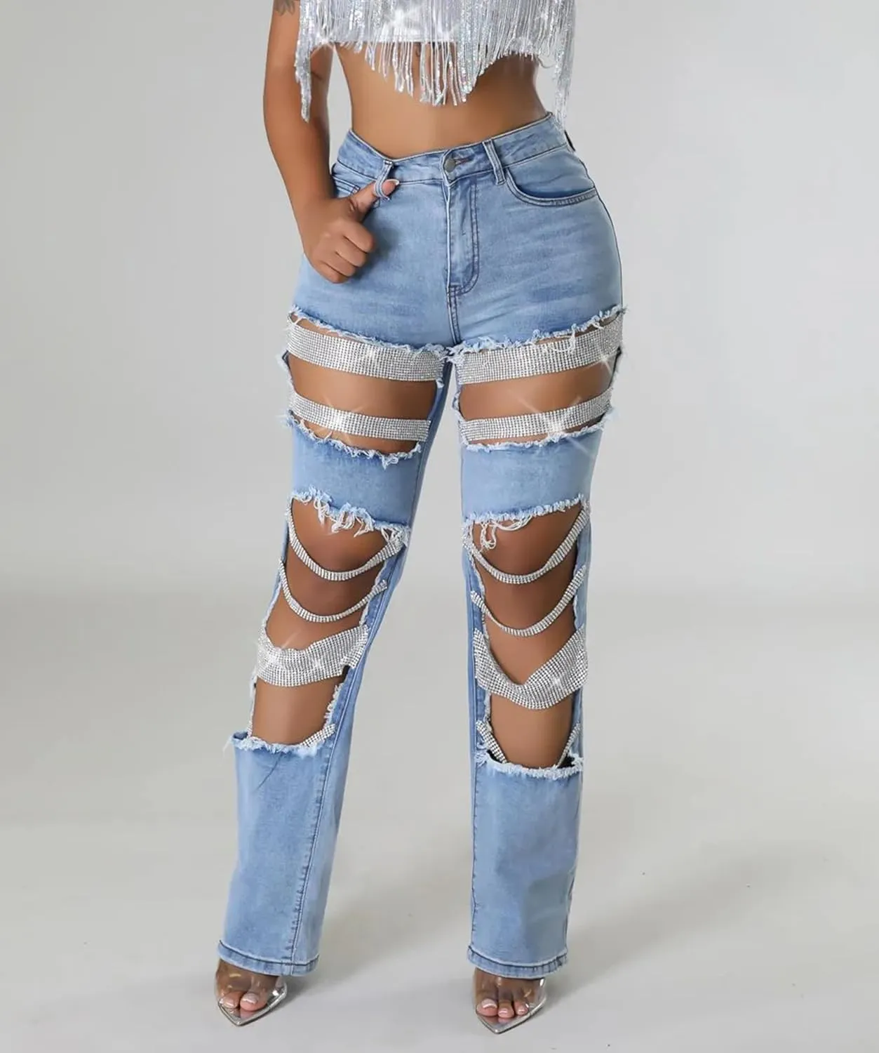 cffvdiz Women's Straight Leg Jeans High Waisted Ripped Hole Rhinestone Chain Stretch Boyfriend Denim Pants
