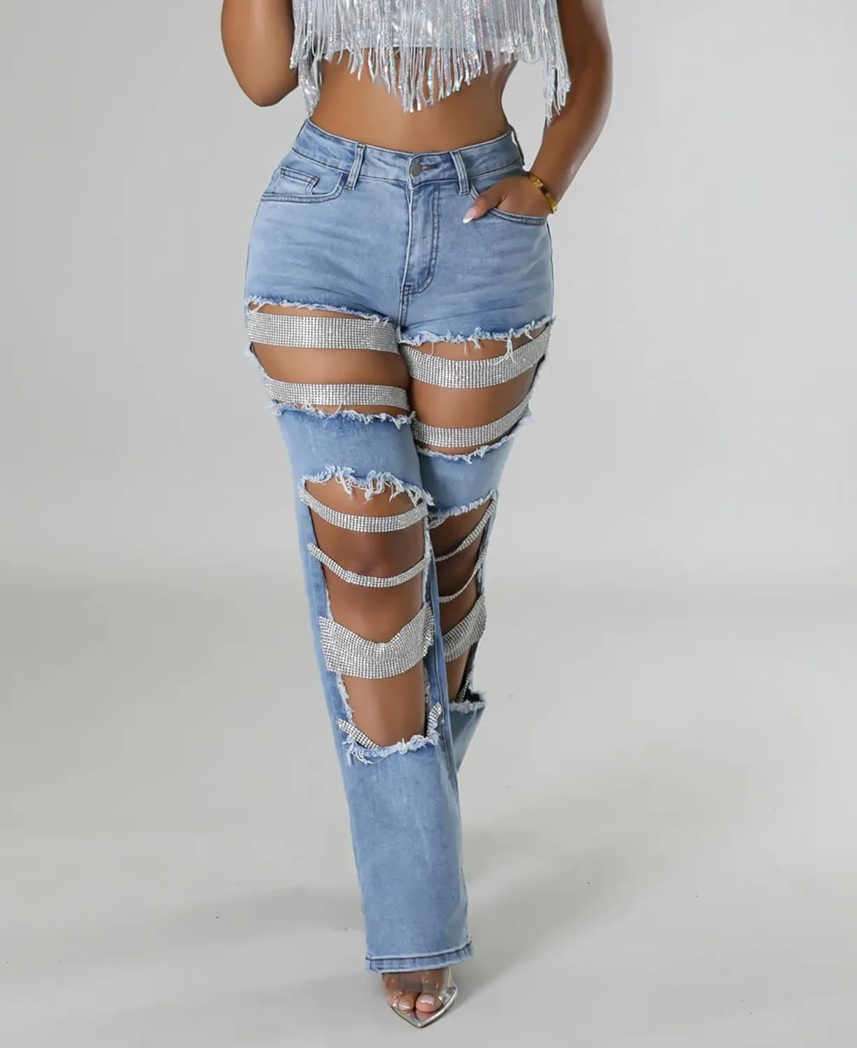cffvdiz Women's Straight Leg Jeans High Waisted Ripped Hole Rhinestone Chain Stretch Boyfriend Denim Pants