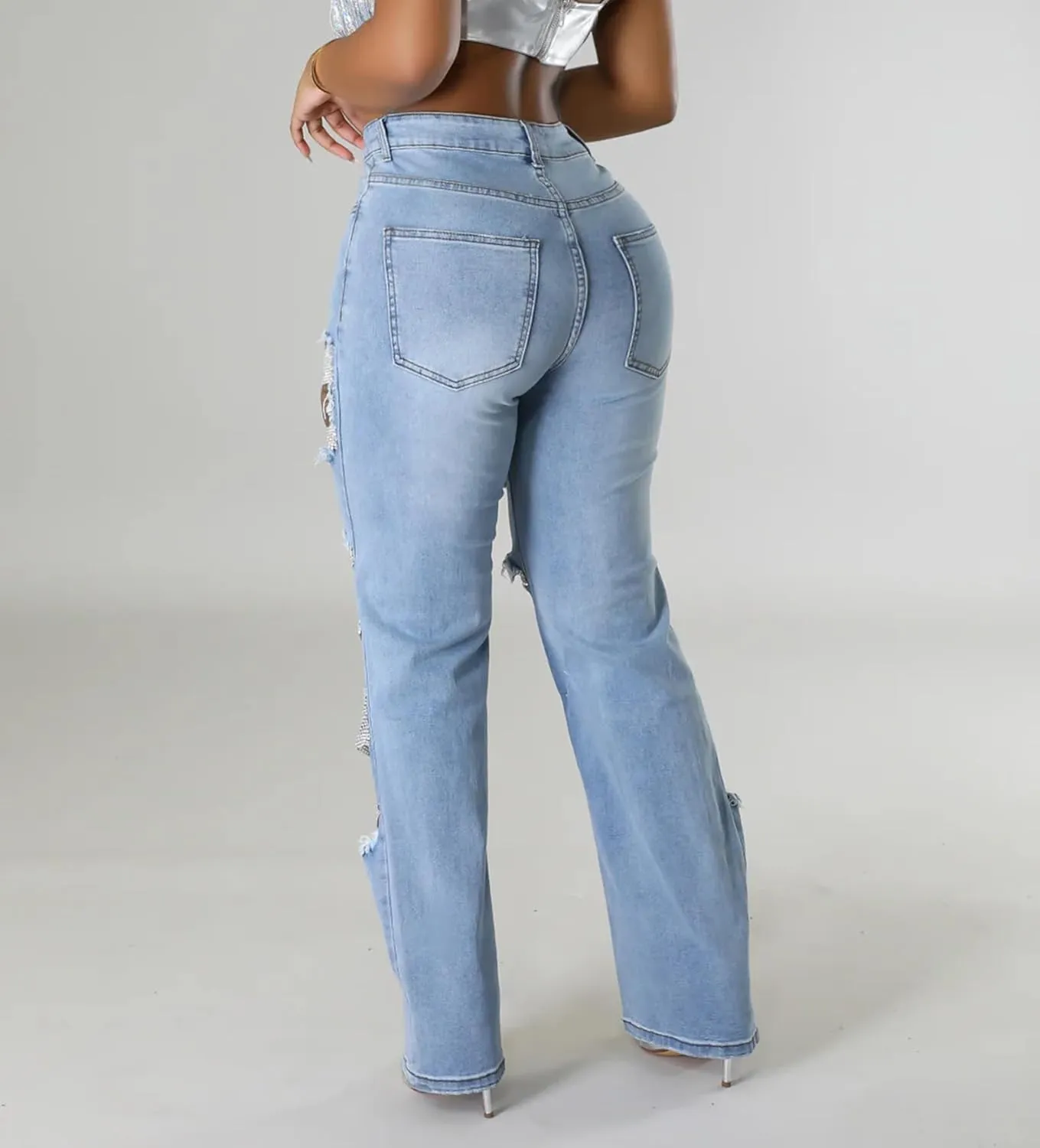 cffvdiz Women's Straight Leg Jeans High Waisted Ripped Hole Rhinestone Chain Stretch Boyfriend Denim Pants