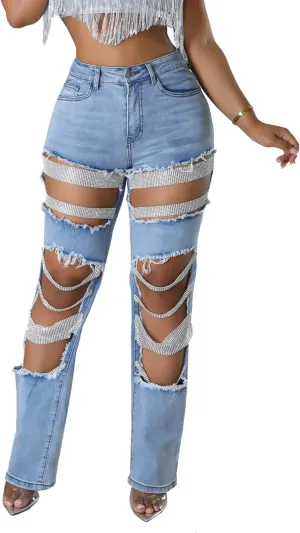 cffvdiz Women's Straight Leg Jeans High Waisted Ripped Hole Rhinestone Chain Stretch Boyfriend Denim Pants