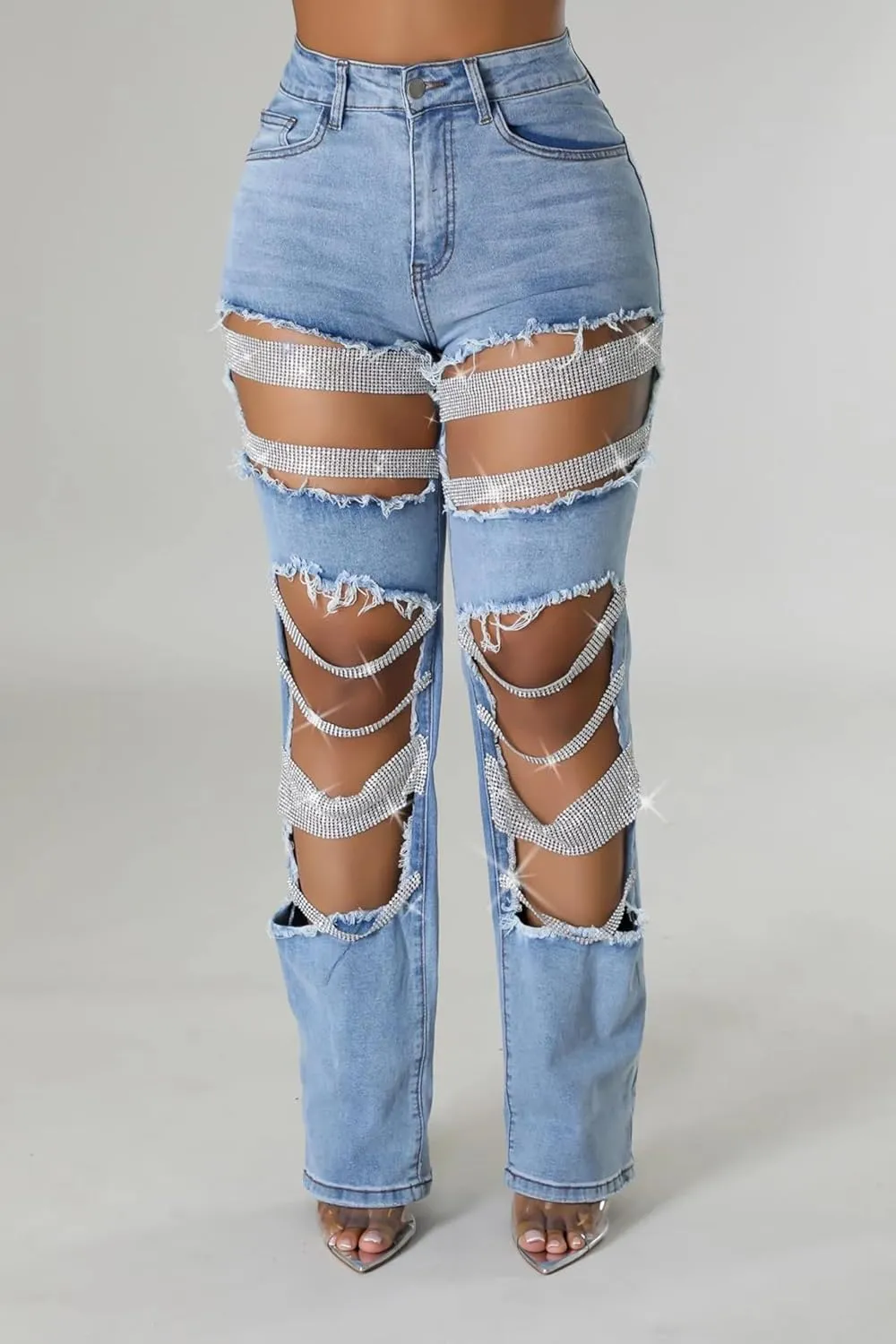 cffvdiz Women's Straight Leg Jeans High Waisted Ripped Hole Rhinestone Chain Stretch Boyfriend Denim Pants