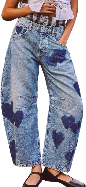 CHARTOU Y2k Barrel Jeans Women Wide Leg Baggy Distressed Printed Boyfriend Horseshoe Denim Pants