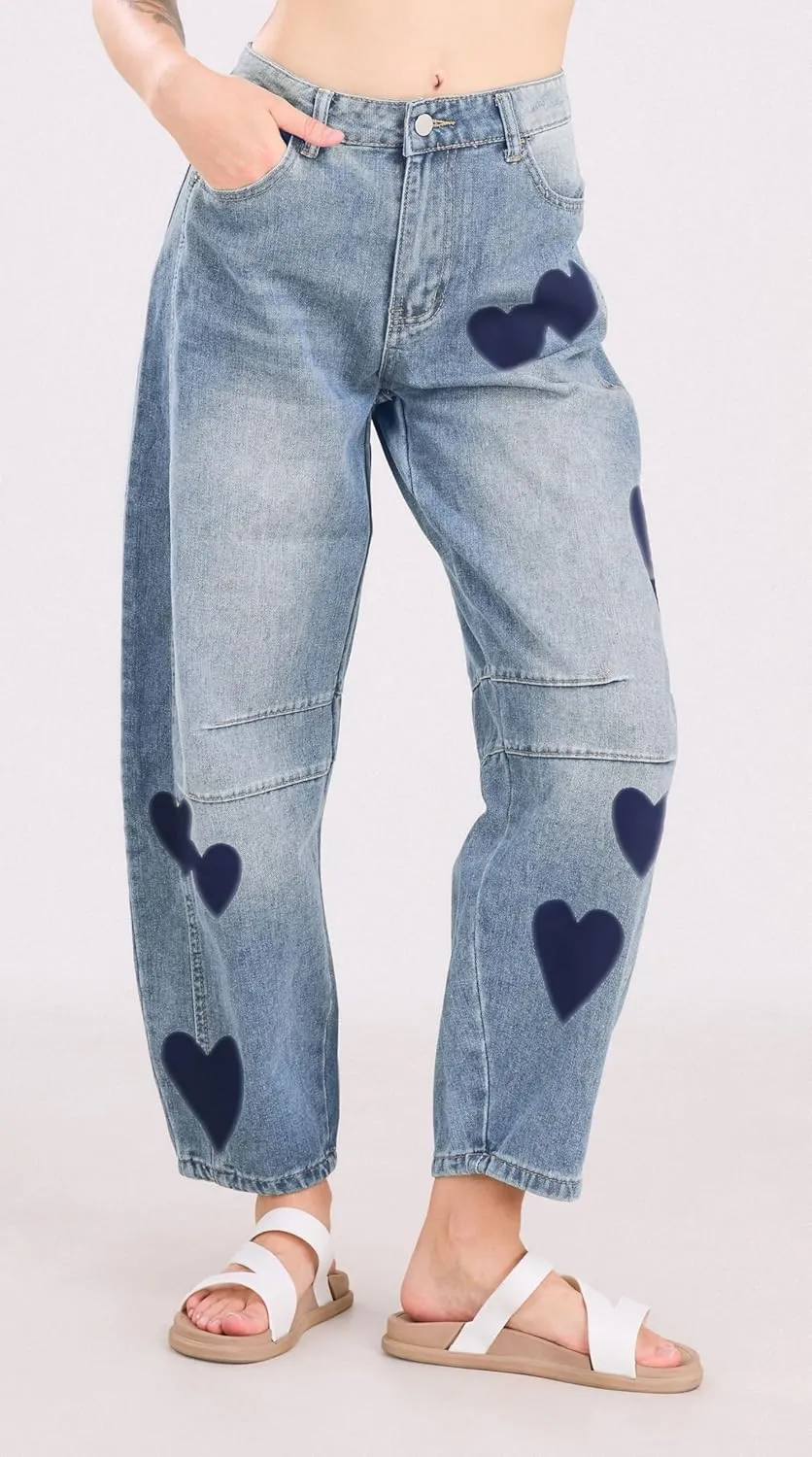 CHARTOU Y2k Barrel Jeans Women Wide Leg Baggy Distressed Printed Boyfriend Horseshoe Denim Pants