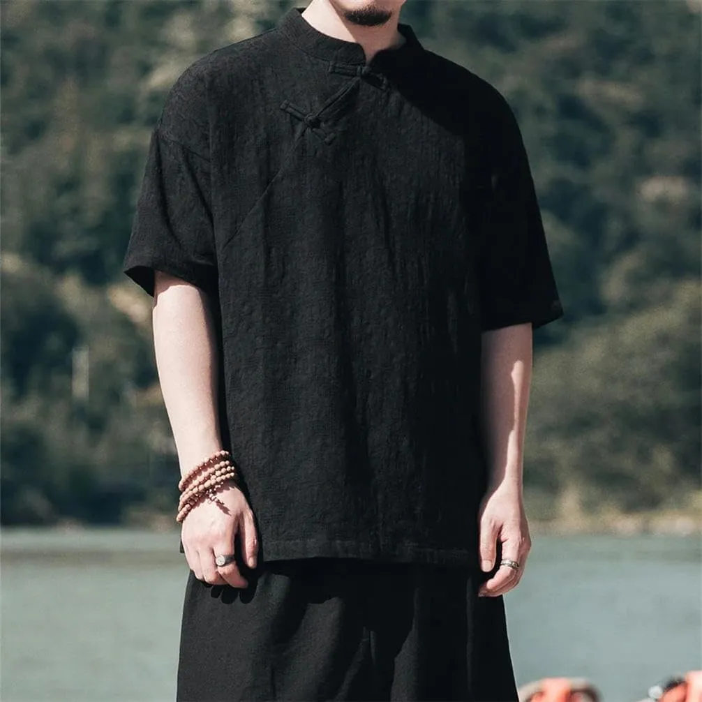 Chinese Style Summer Cotton Linen Short Sleeve Vintage Casual Shirt Men Clothing Kung Fu Tops Male