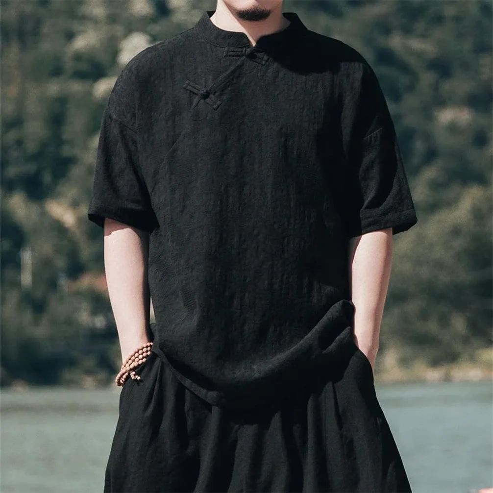 Chinese Style Summer Cotton Linen Short Sleeve Vintage Casual Shirt Men Clothing Kung Fu Tops Male