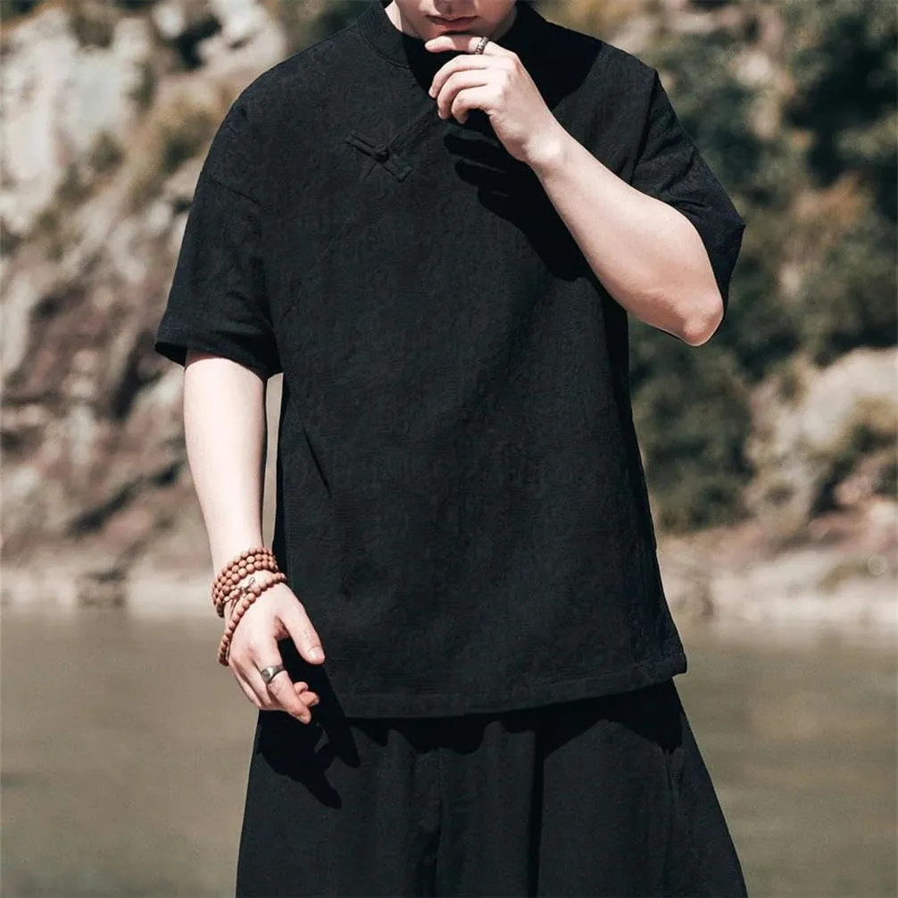 Chinese Style Summer Cotton Linen Short Sleeve Vintage Casual Shirt Men Clothing Kung Fu Tops Male