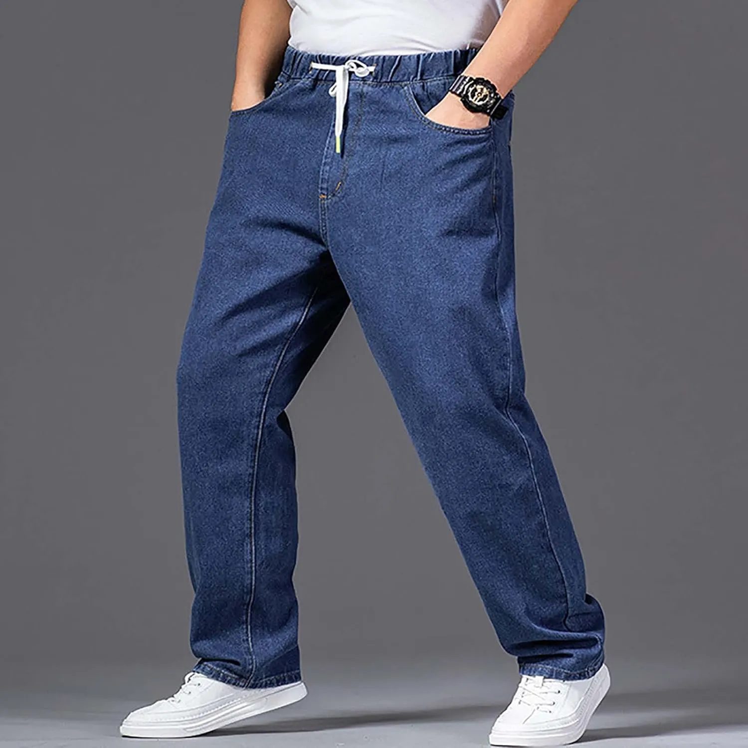 Classic Jeans for Men Fashion Elastic Waist Drawstring Denim Pants Casual Loose Straight Legs Trousers with Pockets