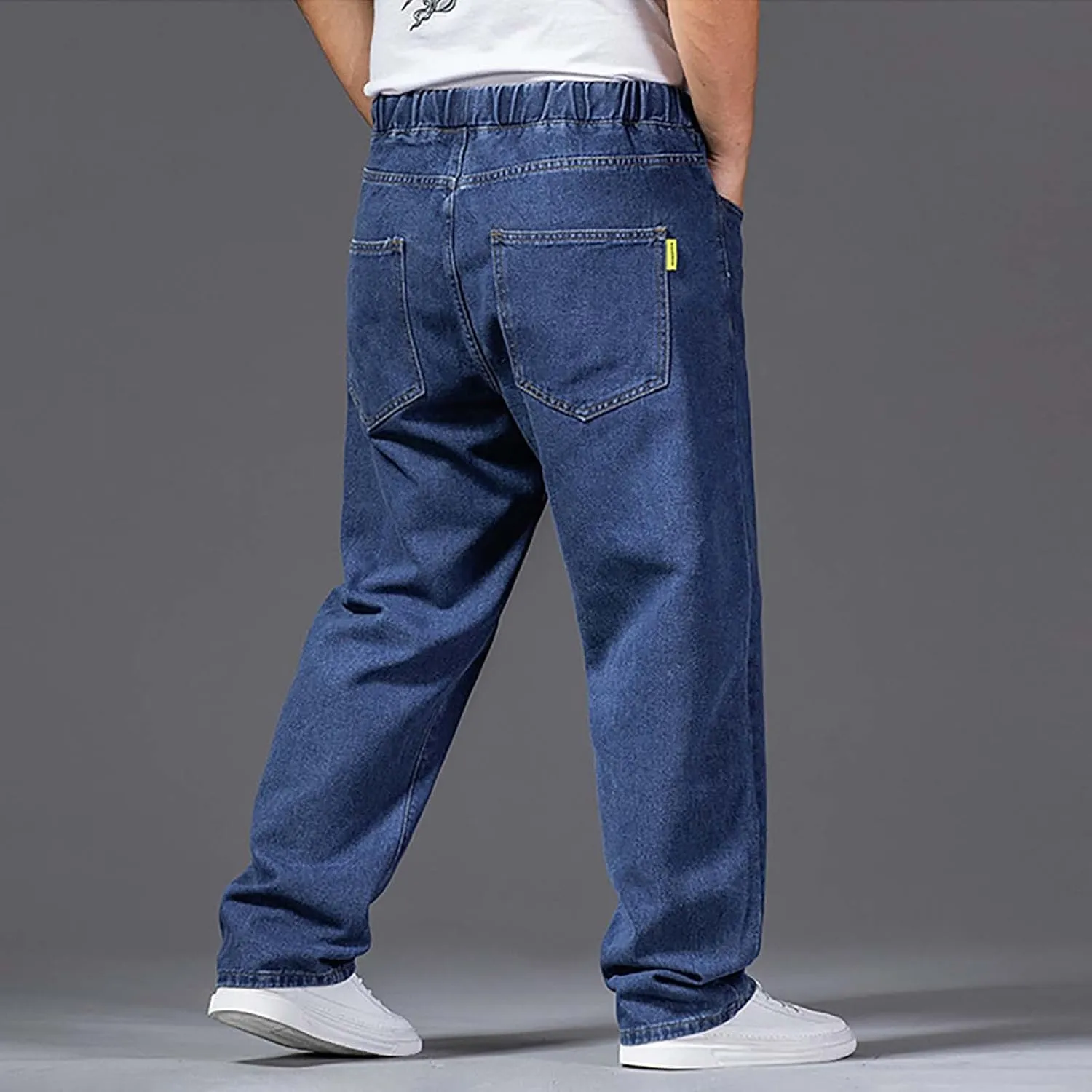 Classic Jeans for Men Fashion Elastic Waist Drawstring Denim Pants Casual Loose Straight Legs Trousers with Pockets