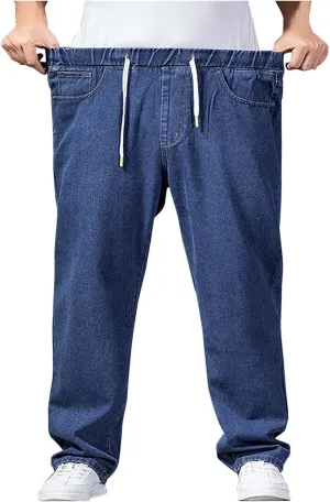 Classic Jeans for Men Fashion Elastic Waist Drawstring Denim Pants Casual Loose Straight Legs Trousers with Pockets