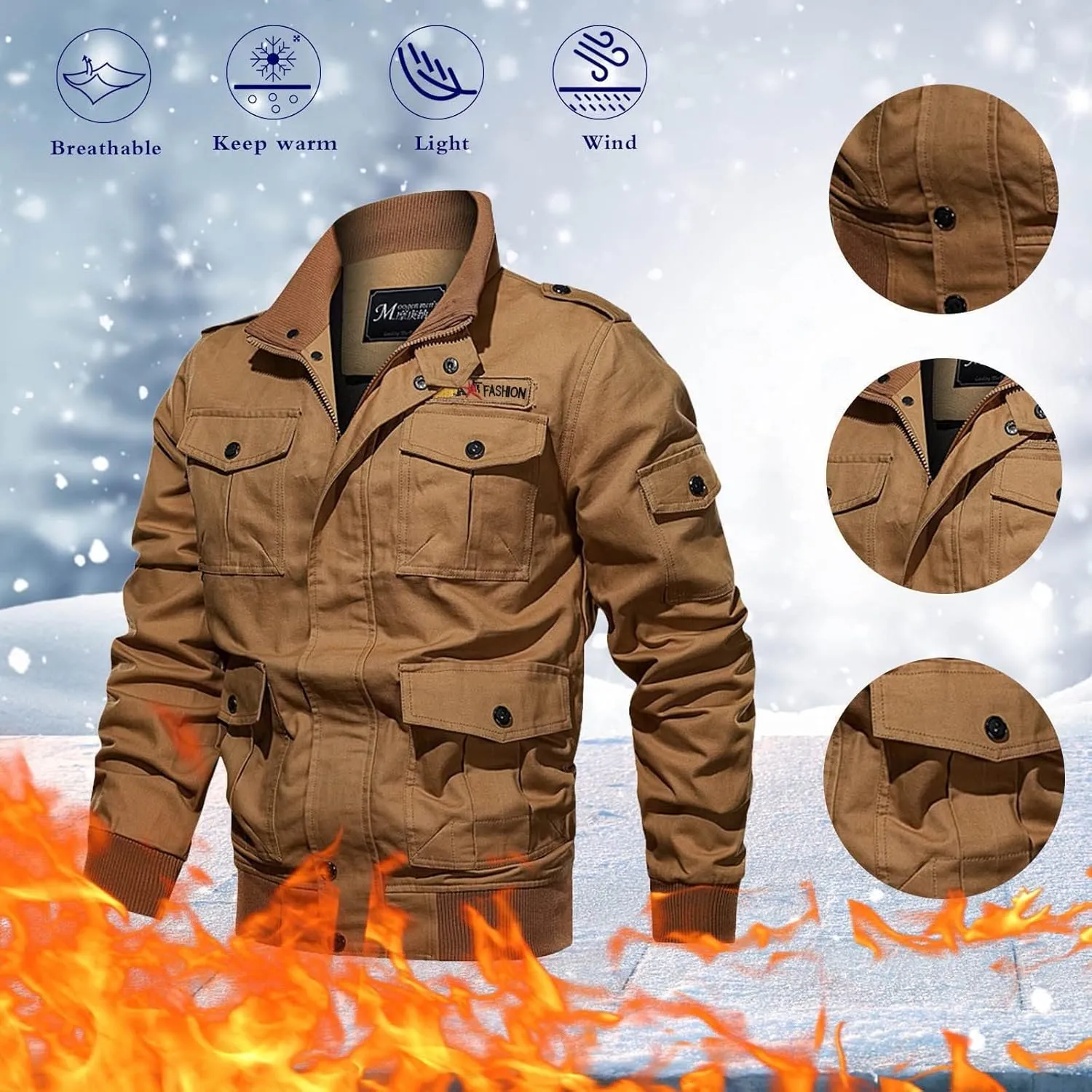 Clothes for Men Size Coat Muli Pockets Zipper Lapel Solid Jacket Leisure Breathable Stand Collar Top Mens Flannel