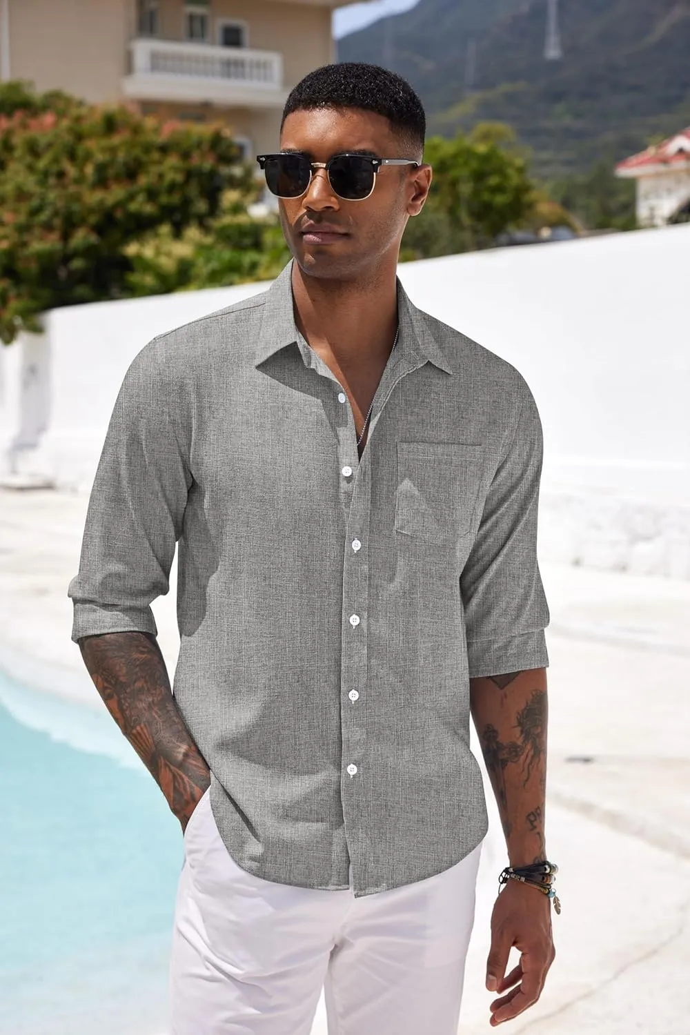 COOFANDY Men's Casual Button Down Shirt Long Sleeve Linen Chambray Shirt
