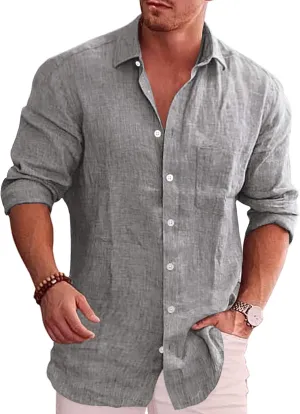 COOFANDY Men's Casual Button Down Shirt Long Sleeve Linen Chambray Shirt