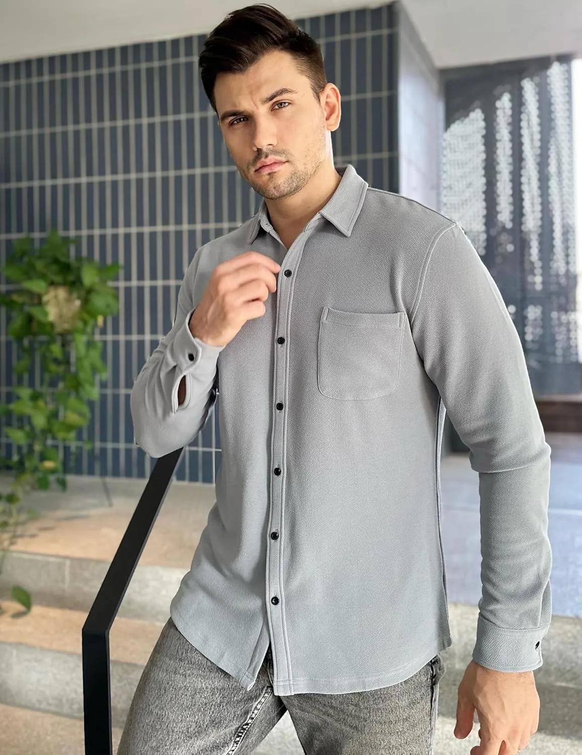 COOFANDY Men's Lightweight Shirt Shacket Long Sleeve Textured Button Down Shirts Casual Jacket