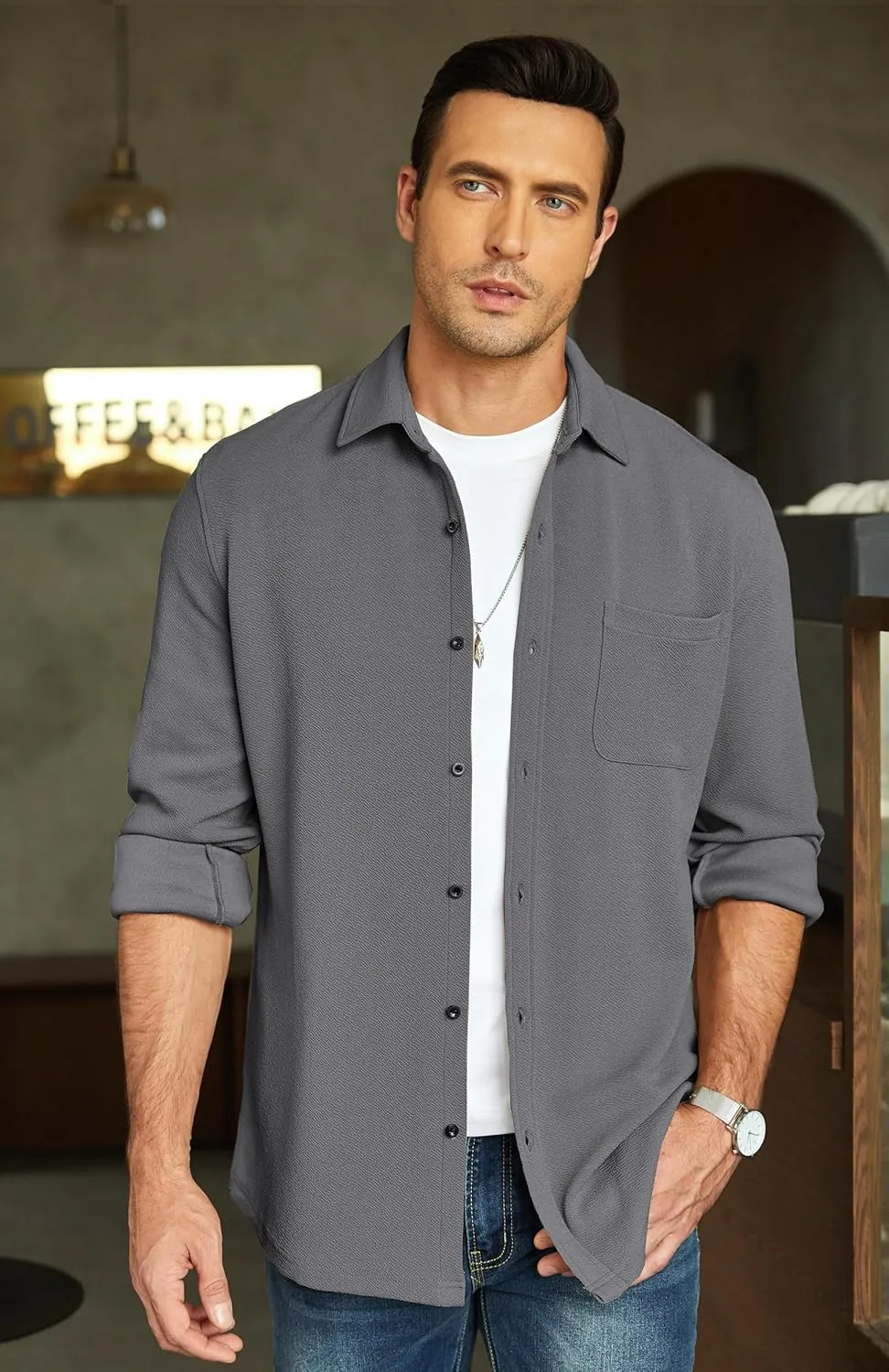 COOFANDY Men's Lightweight Shirt Shacket Long Sleeve Textured Button Down Shirts Casual Jacket