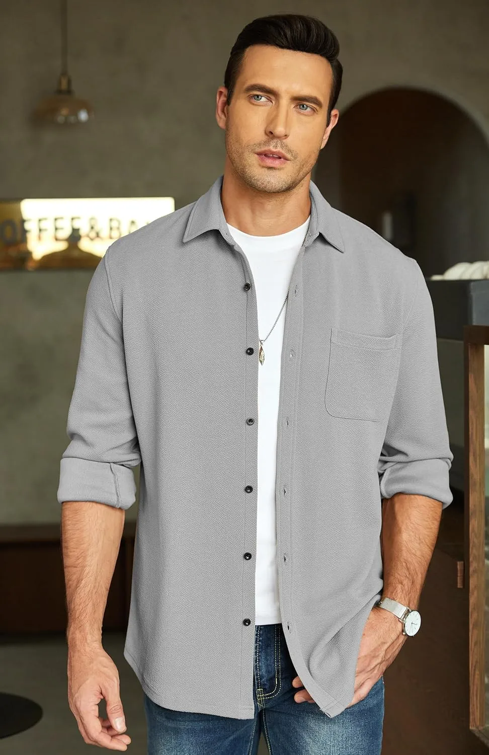 COOFANDY Men's Lightweight Shirt Shacket Long Sleeve Textured Button Down Shirts Casual Jacket