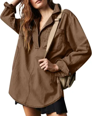 COTECRAM Womens Denim Tops Pullover Trendy Casual V Neck Loose Fit Long Sleeve oversized Jean Shirts Jacket with Pocket